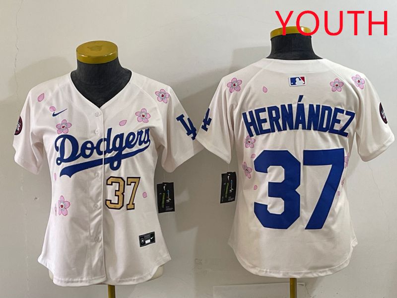 Youth Los Angeles Dodgers 37 Hernandez Cream Sakura Edition 2025 Nike MLB Jersey style 34